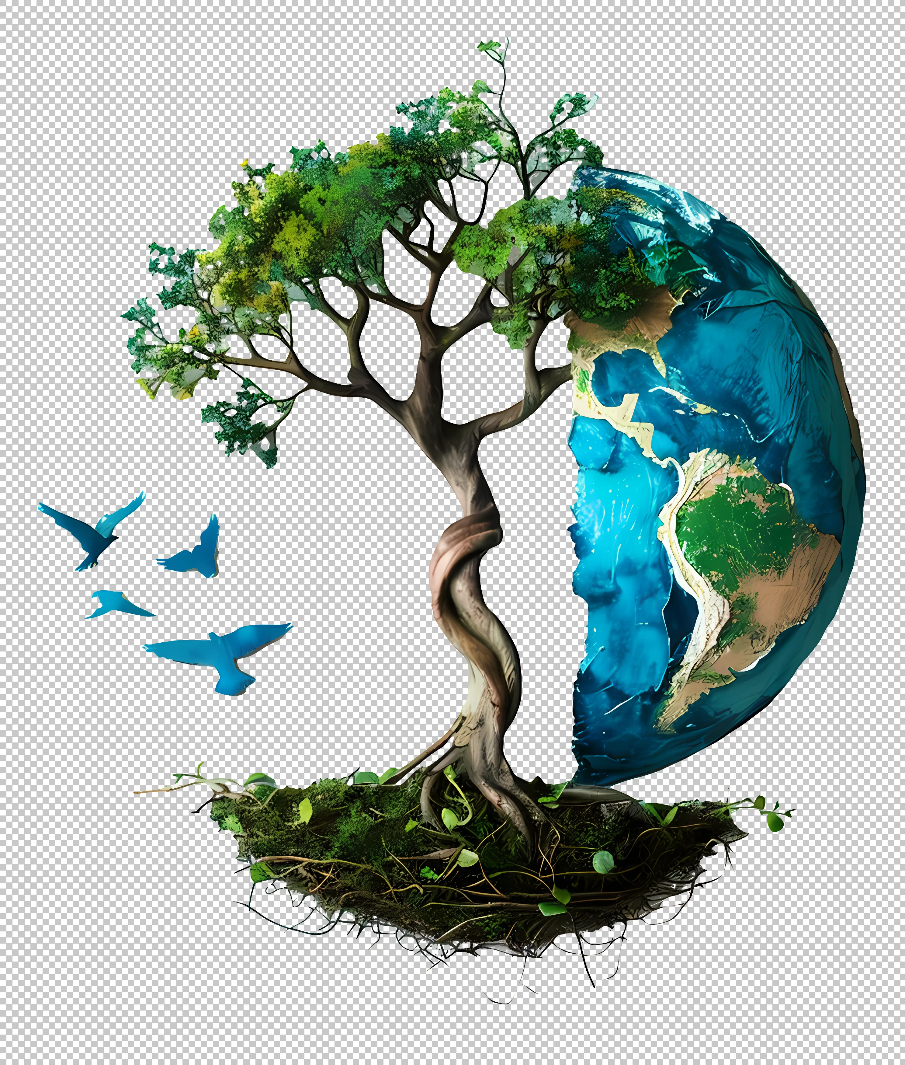 Earth and Tree Ilustration with Birds - Transparent PNG Free Download