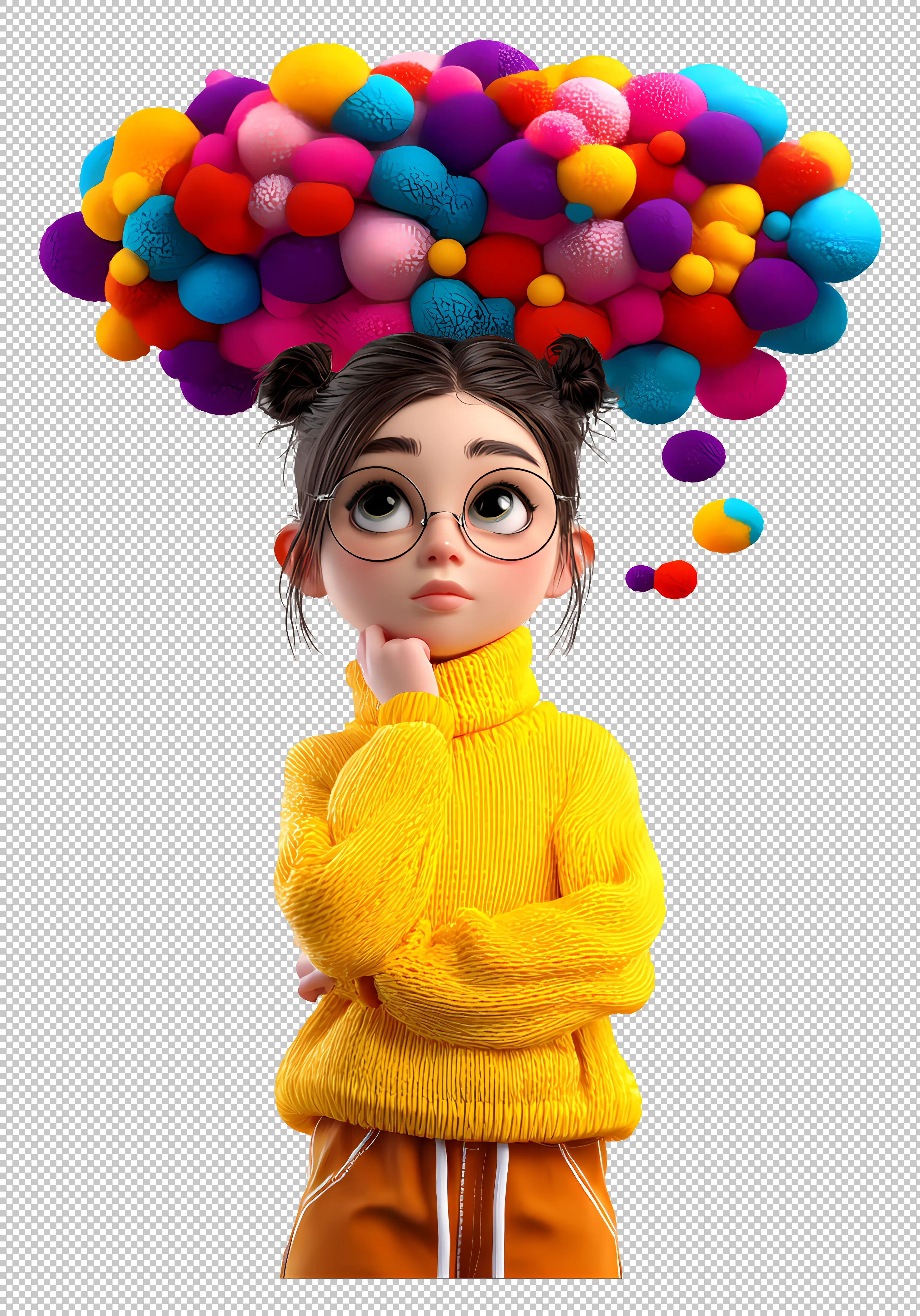 Girl with Colorful Thought Bubbles